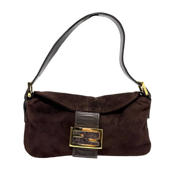 FENDI Vintage FF Logo Shoulder Bag Crossbody Brown Gold Suede Leather [106214] - Picture 4 of 14
